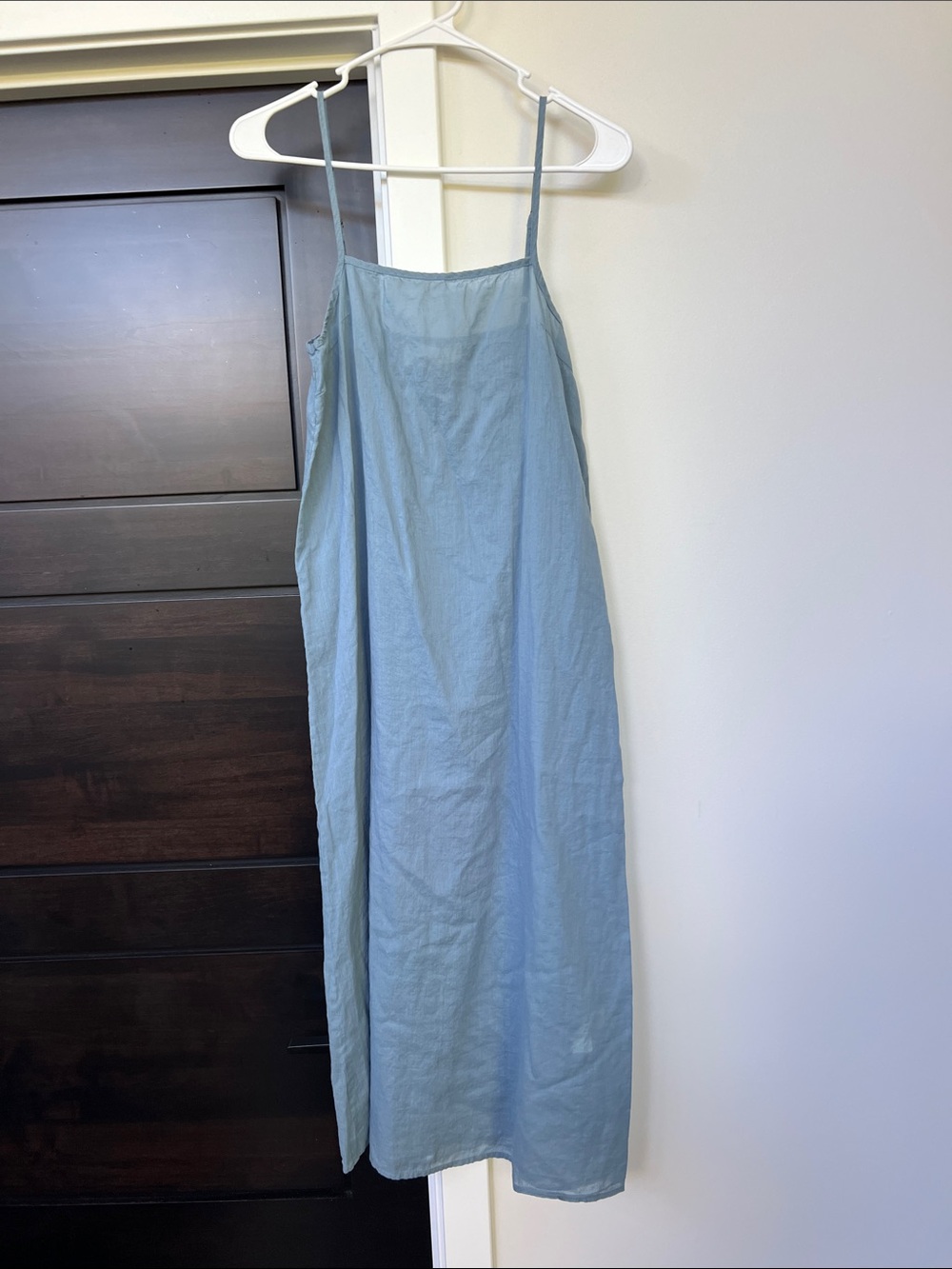 THE GREAT. 100% cotton muted blue adjustable spaghetti straps midi length dress